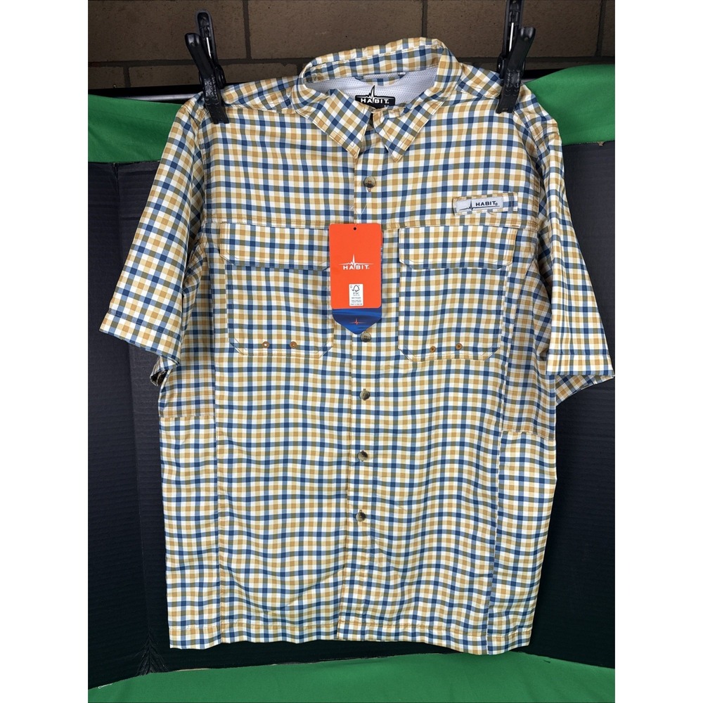 Habit Mens UPF 40+ UV Protection Short Sleeve Fishing Shirt S Navy Mustard Plaid